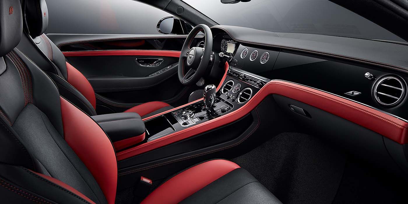 Bentley Bristol Bentley Continental GT S coupe front interior in Beluga black and Hotspur red hide with high gloss Carbon Fibre veneer