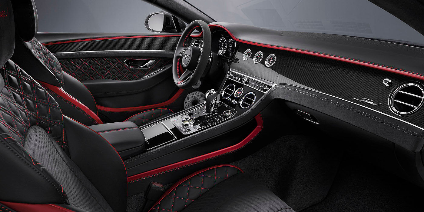 Bentley Bristol Bentley Continental GT Speed coupe front interior in Beluga black and Hotspur red hide