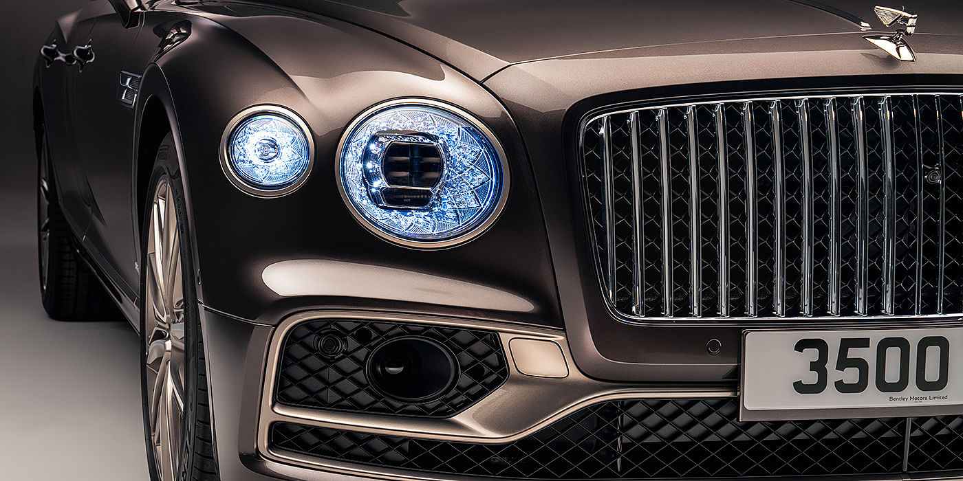 Bentley Bristol Bentley Flying Spur Odyssean sedan front grille and illuminated led lamps with Brodgar brown paint
