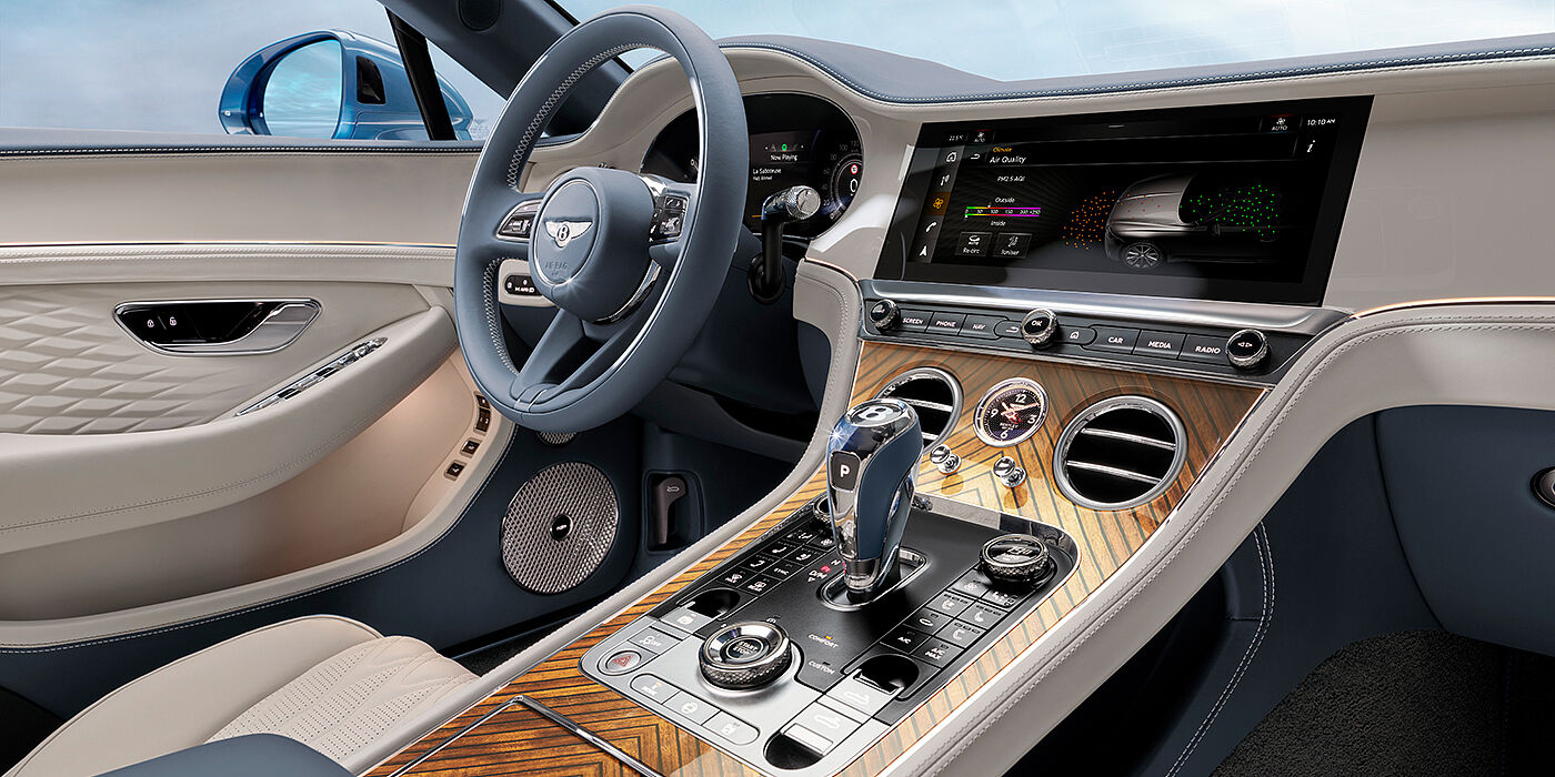 Bentley Bristol New Bentley Continental GTC Azure convertible interior front cabin view with Linen and Brunel hides and Piano Linen by Mulliner veneer featuring centre console and centre MMI screen