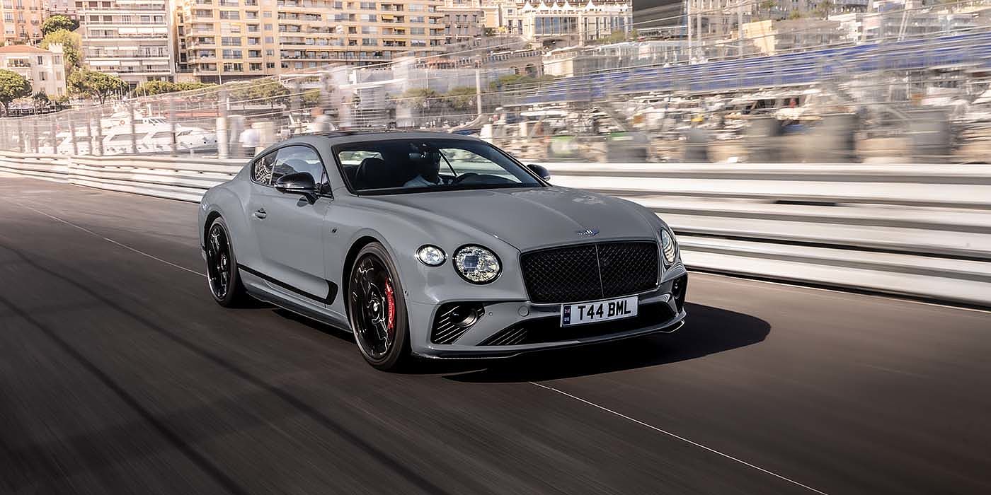 Bentley Bristol Bentley Continental GT S coupe in Cambrian Grey paint front 34 dynamic driving on track