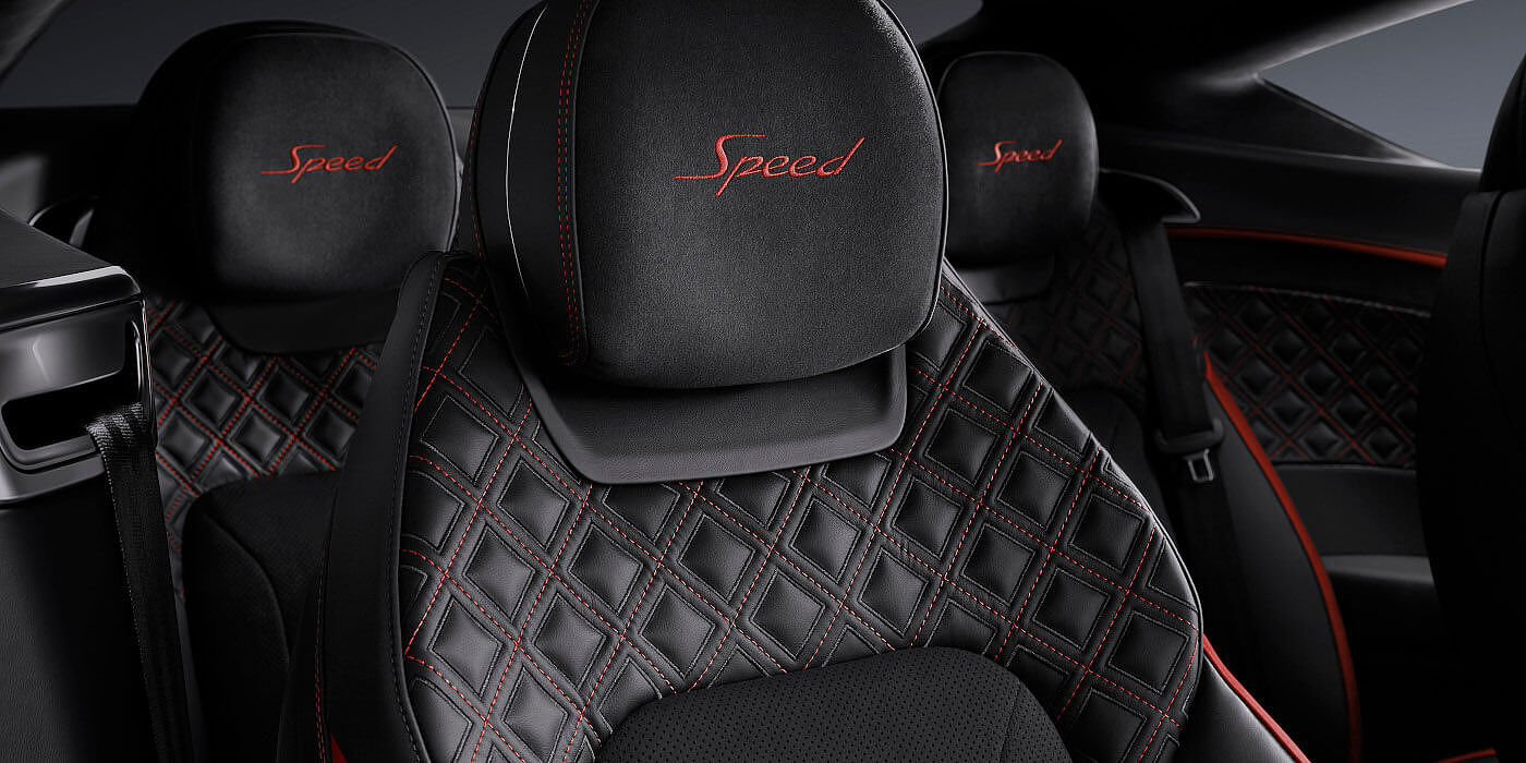 Bentley Bristol Bentley Continental GT Speed coupe seat close up in Beluga black and Hotspur red hide