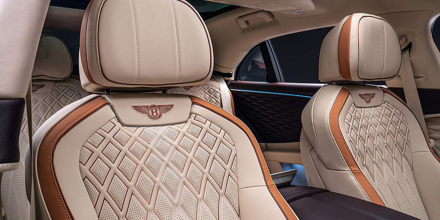 Bentley Bristol Bentley Flying Spur Odyssean sedan rear seat detail with Diamond quilting and Linen and Burnt Oak hides