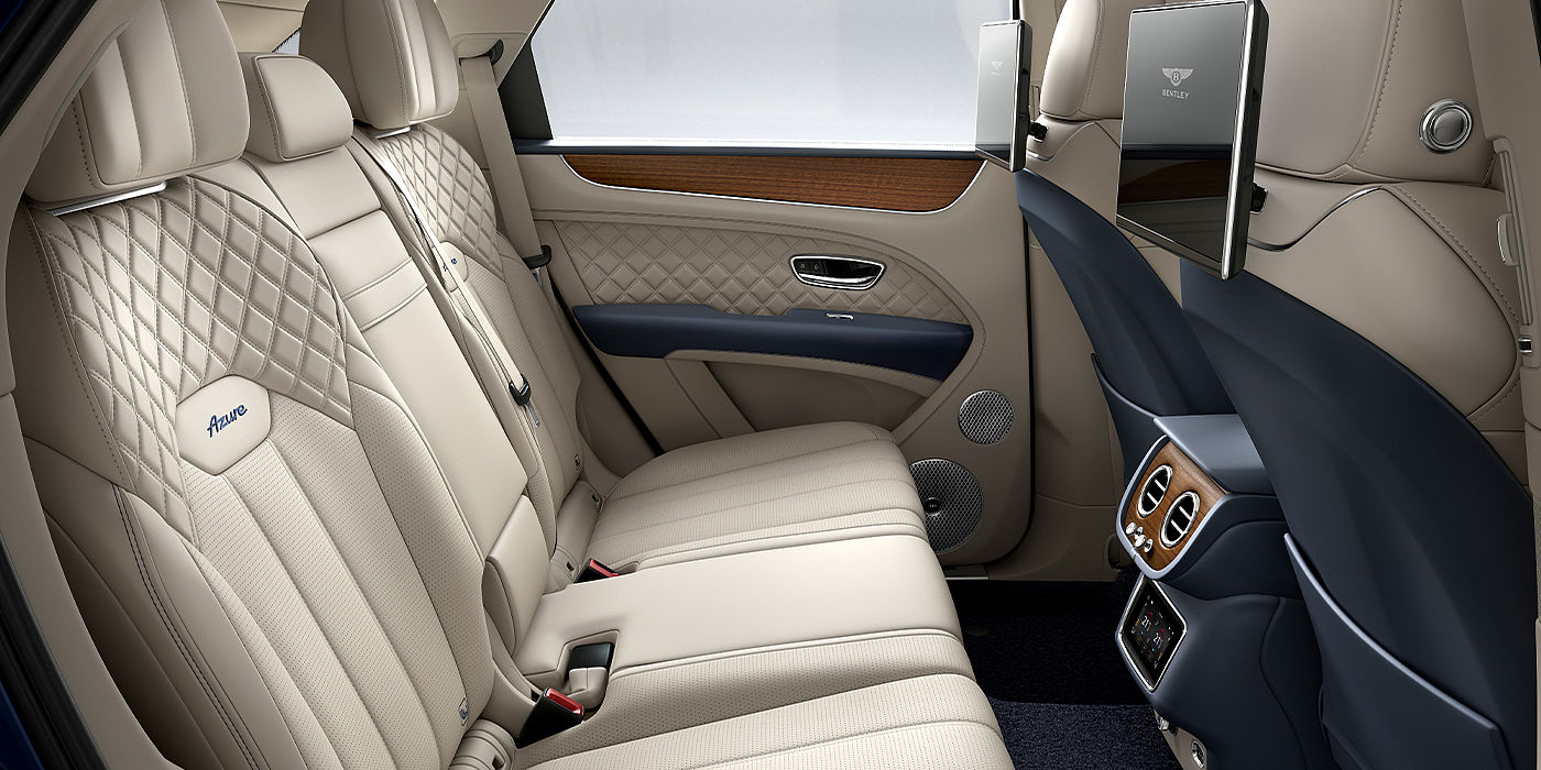 Bentley Bristol Bentley Bentayga Azure SUV rear interior in Imperial Blue and Linen hide