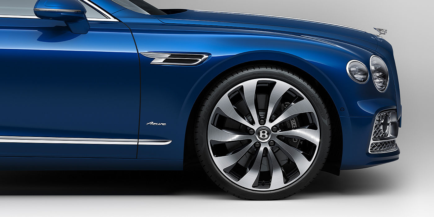 Bentley Bristol Bentley Flying Spur Azure sedan side close up in Sequin Blue paint with Azure badge