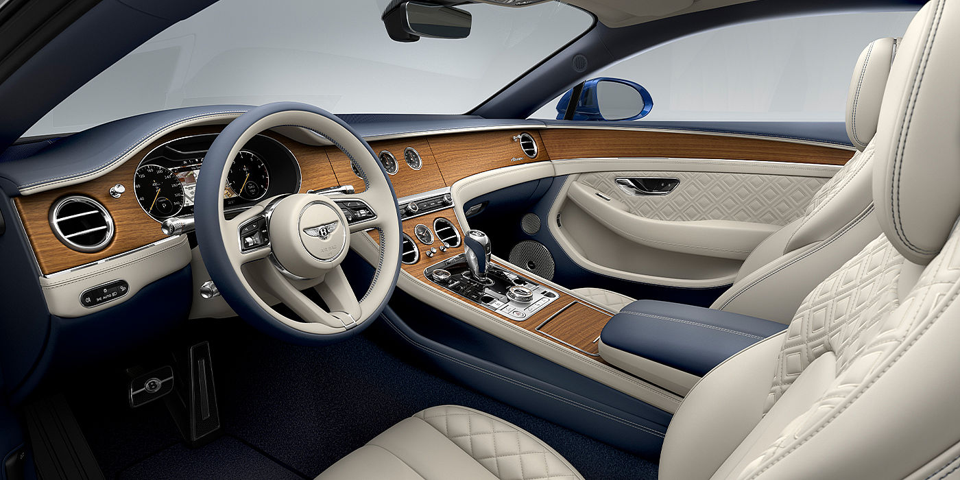 Bentley Bristol Bentley Continental GT Azure coupe front interior in Imperial Blue and linen hide
