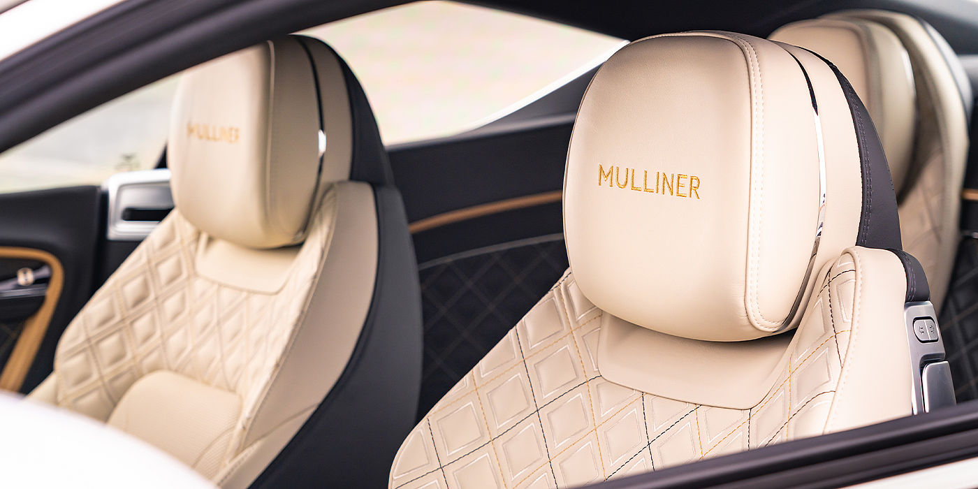 Bentley Bristol Bentley Continental GT Mulliner coupe seat detail in Beluga black and Linen hide