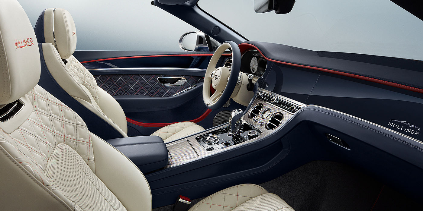 Bentley Bristol Bentley Continental GTC Mulliner convertible front interior in Imperial Blue and Linen hide