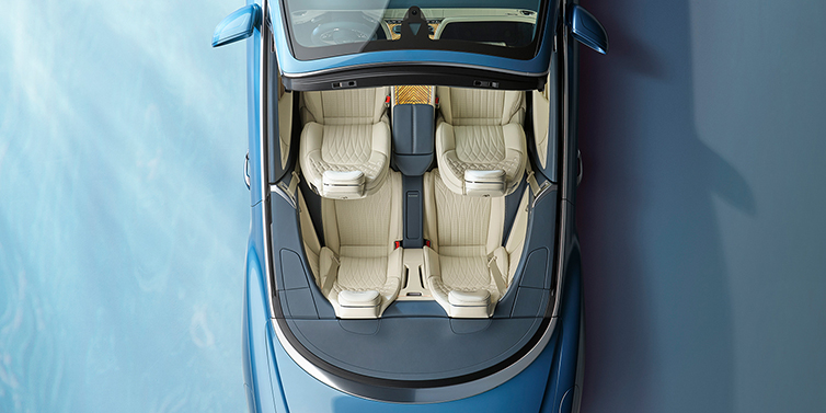 Bentley Bristol New Bentley Continental GTC Azure convertible in Light Windsor blue paint overhead view of cabin with stitched Linen and Brunel hides